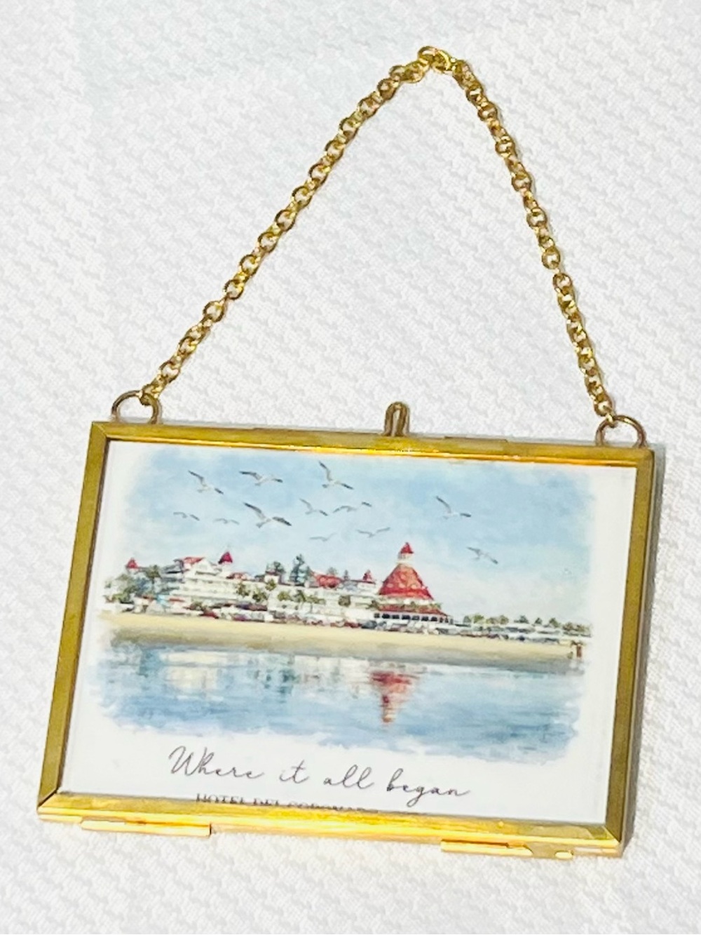 Mini Framed Watercolor Landscape Painting: Misty Oregon Lake in Brass Frame, New